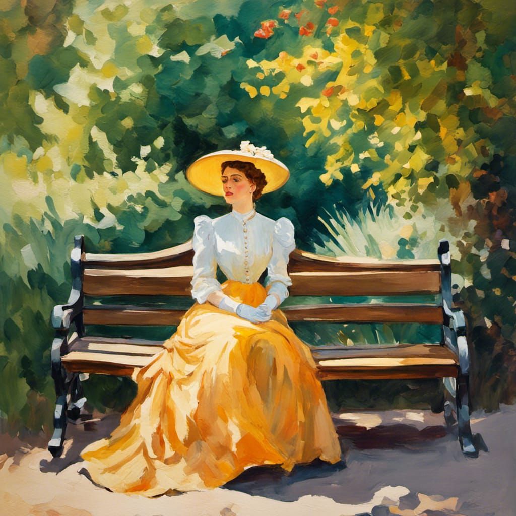 Victorian Woman on Bench in Gouache Impressionist Style