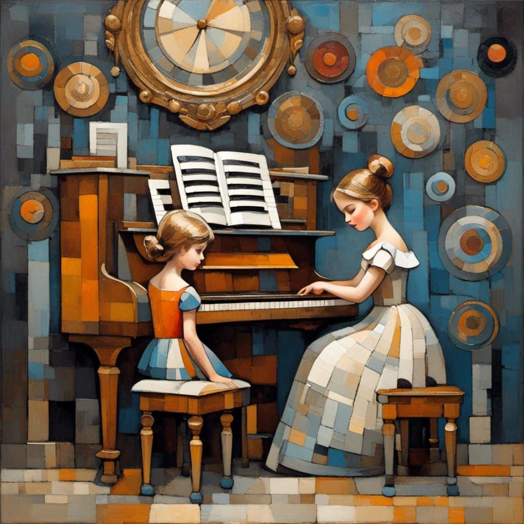 Cubist Mother and Daughter Piano Lesson in Art Nouveau