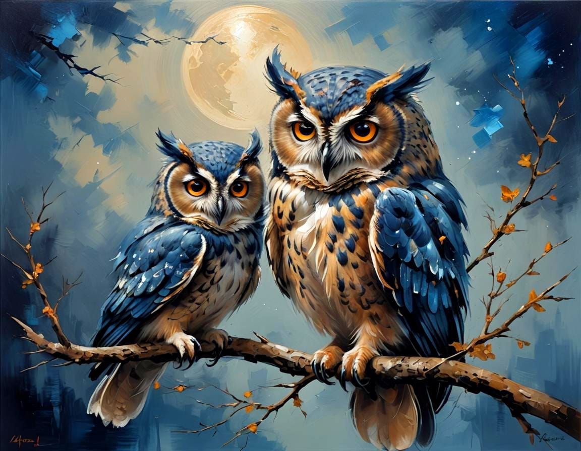Blue Night Owls in Acrylic Oil Painting Style