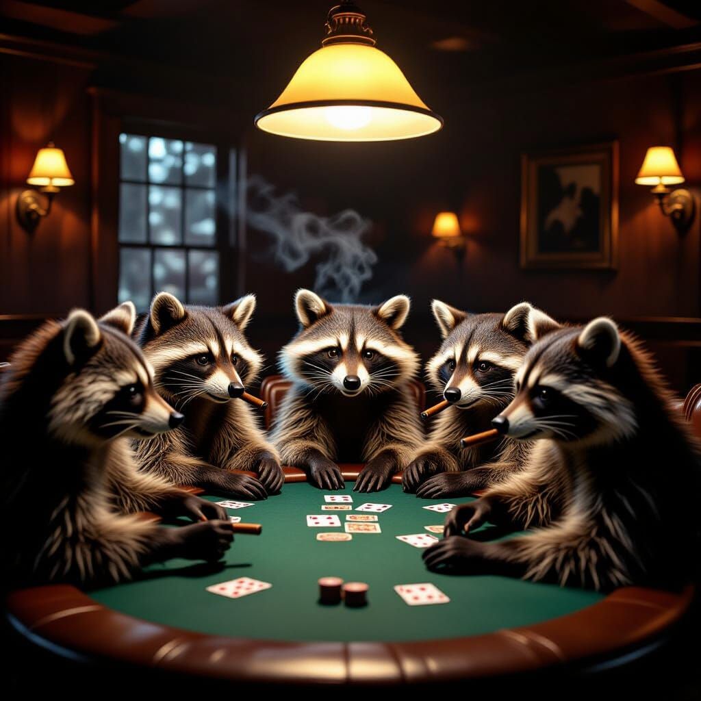 Anthropomorphic Raccoons Play Intense Poker Game