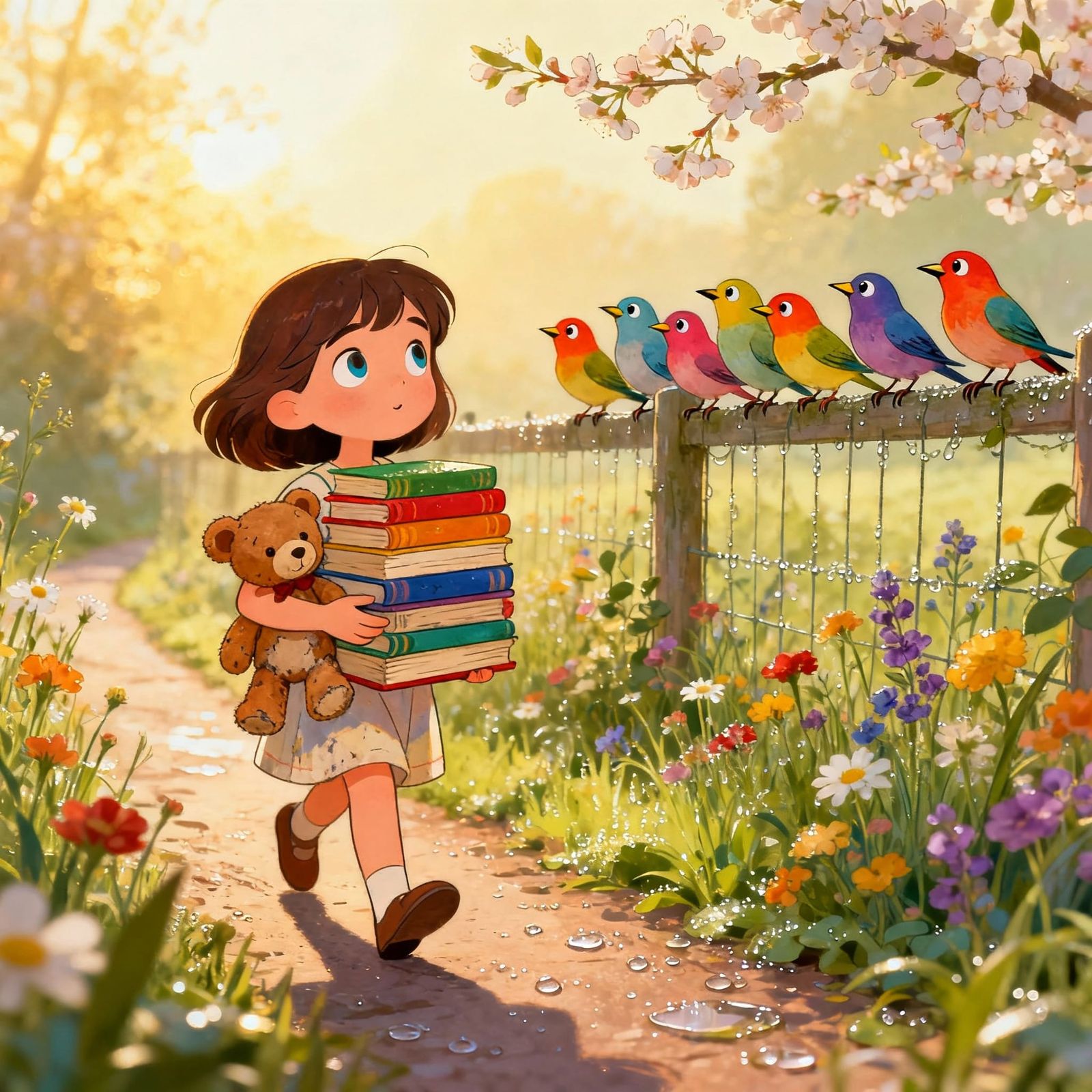 Girl With Books and Teddy Bear, Surrounded by Birds