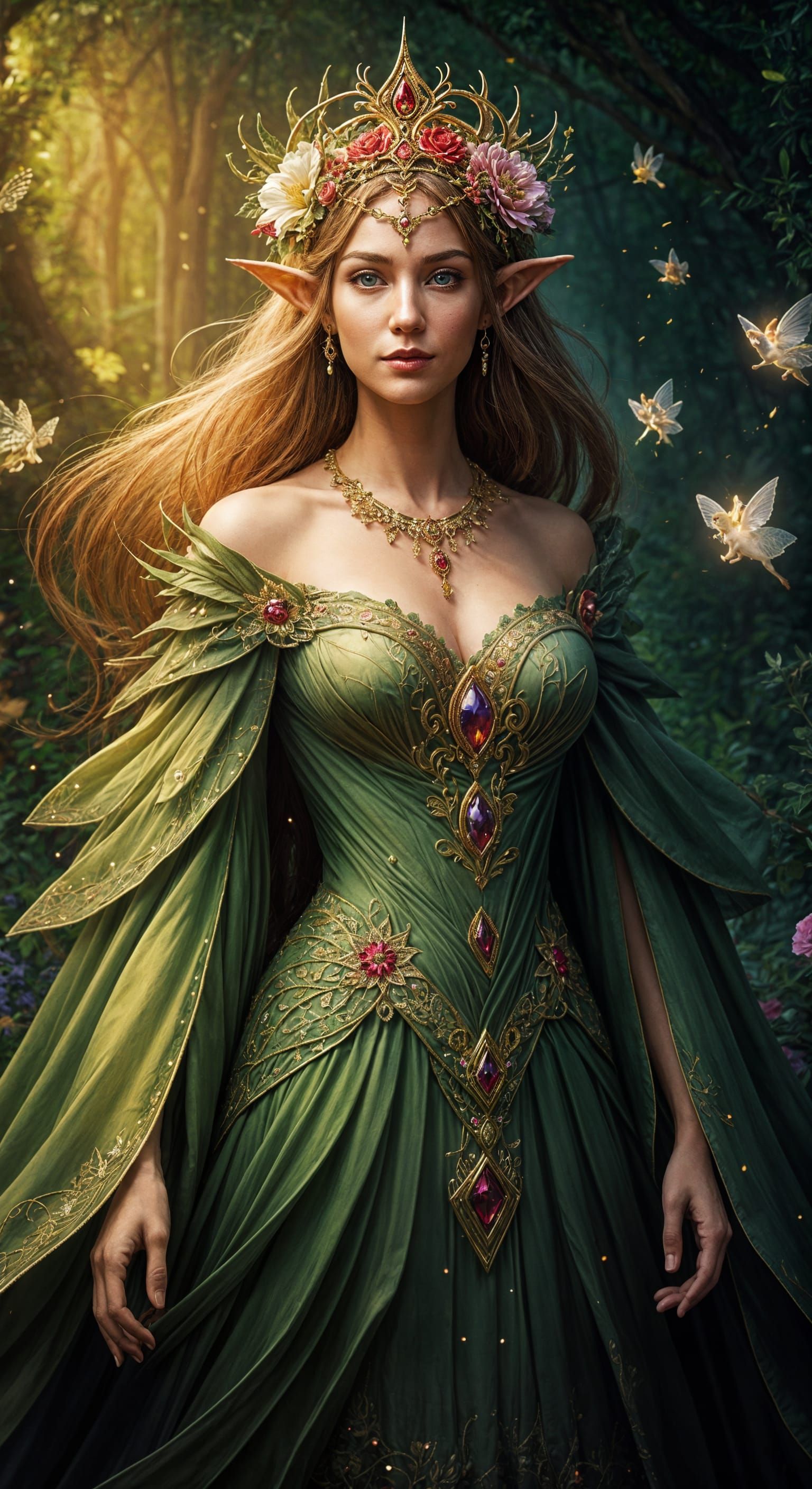 Regal Elf Princess in Traditional Attire with Fairies and Fl...