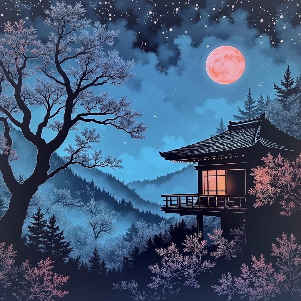 Misty Mountain Ryokan Under Moonlight