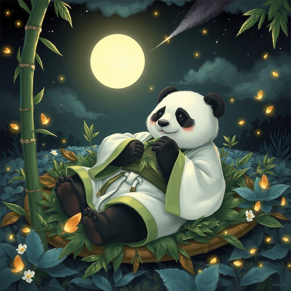 Enchanted Panda Bear in Magical Moonlit Scene