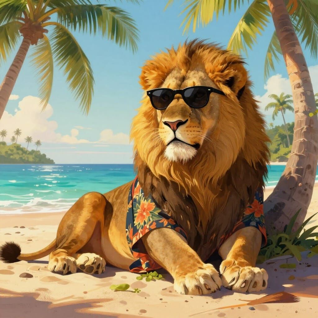 Lion Relaxing on Tropical Beach in Floral Shirt