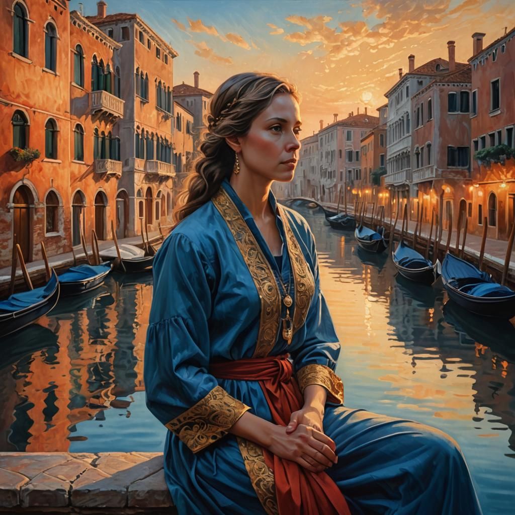 Contemplative Woman in Venice-like Setting as Oil Painting