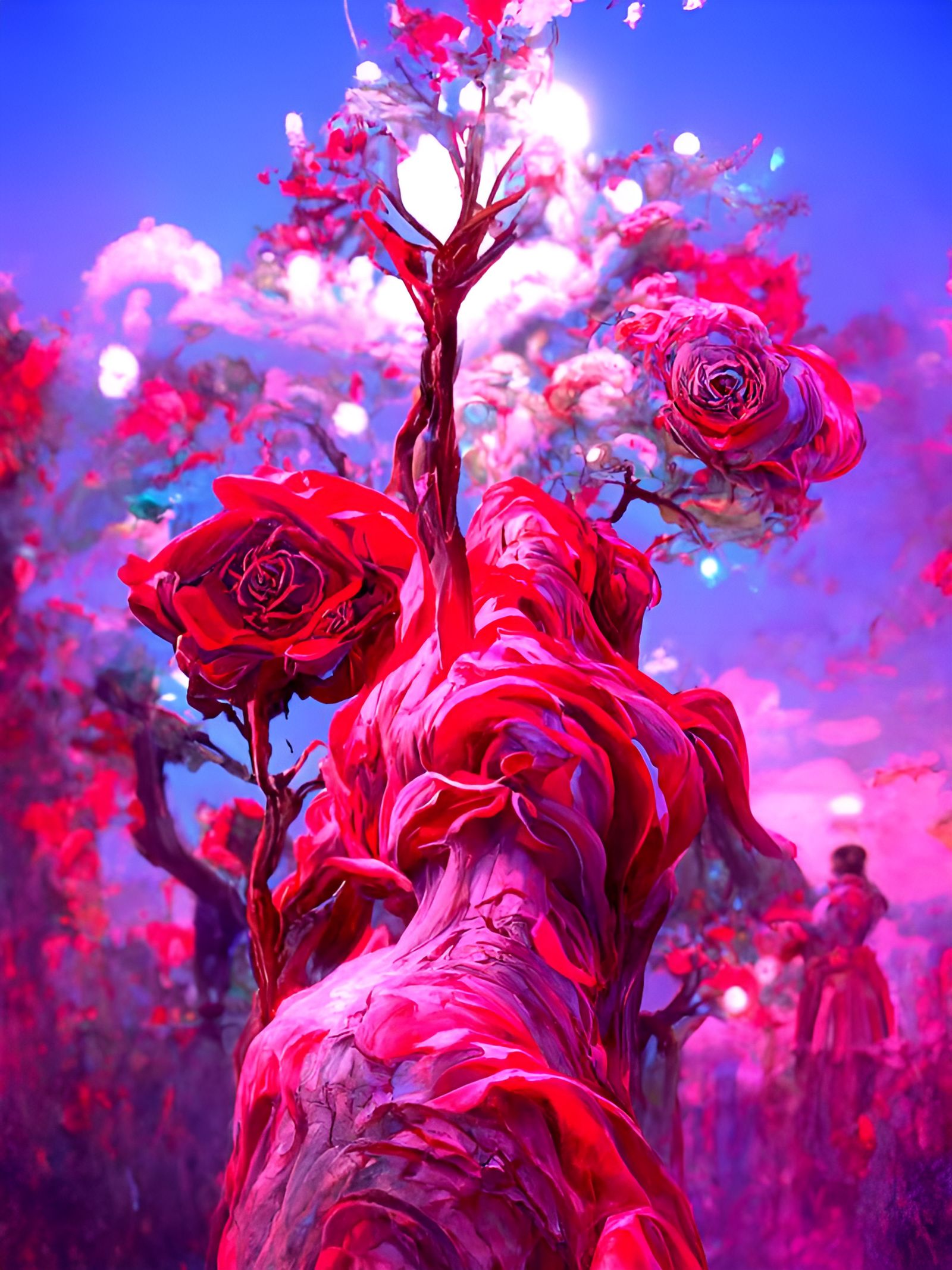 Iridescent Tree in Red Flower Meadow, Photorealistic Style