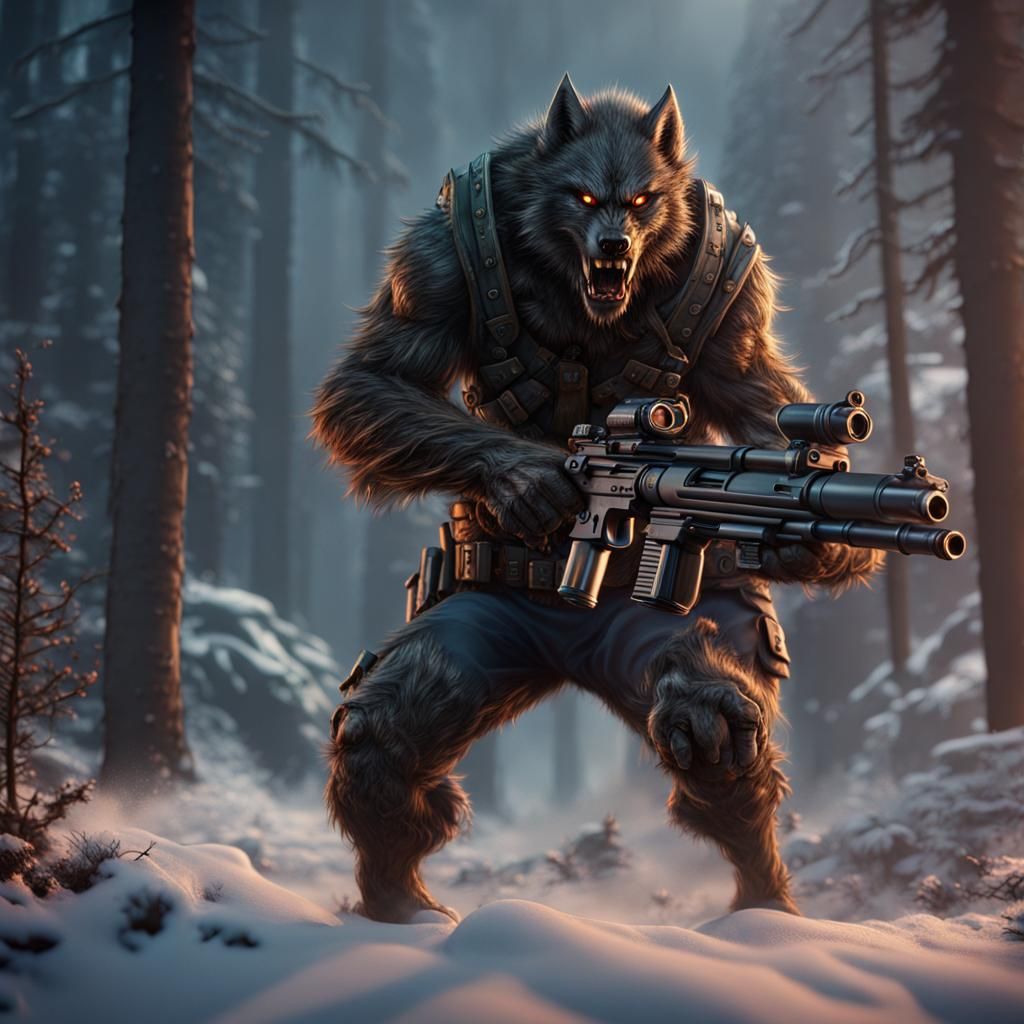 Werewolf with Minigun, Detailed Fantasy Art