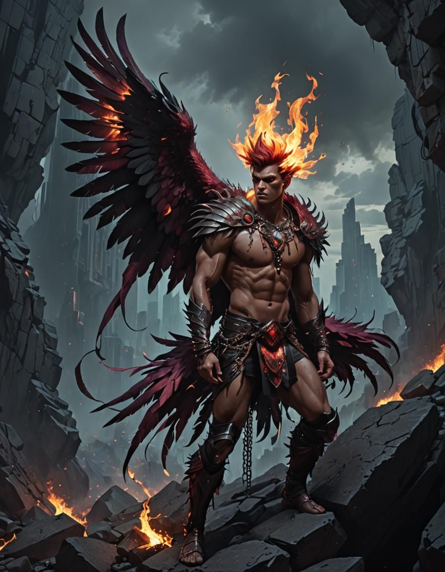 Male Fire Harpy with Glitched Neofuturistic Elements