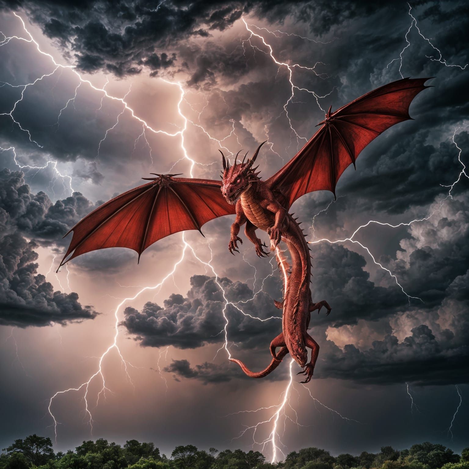 Red Dragon Soaring Through a Thunderstorm