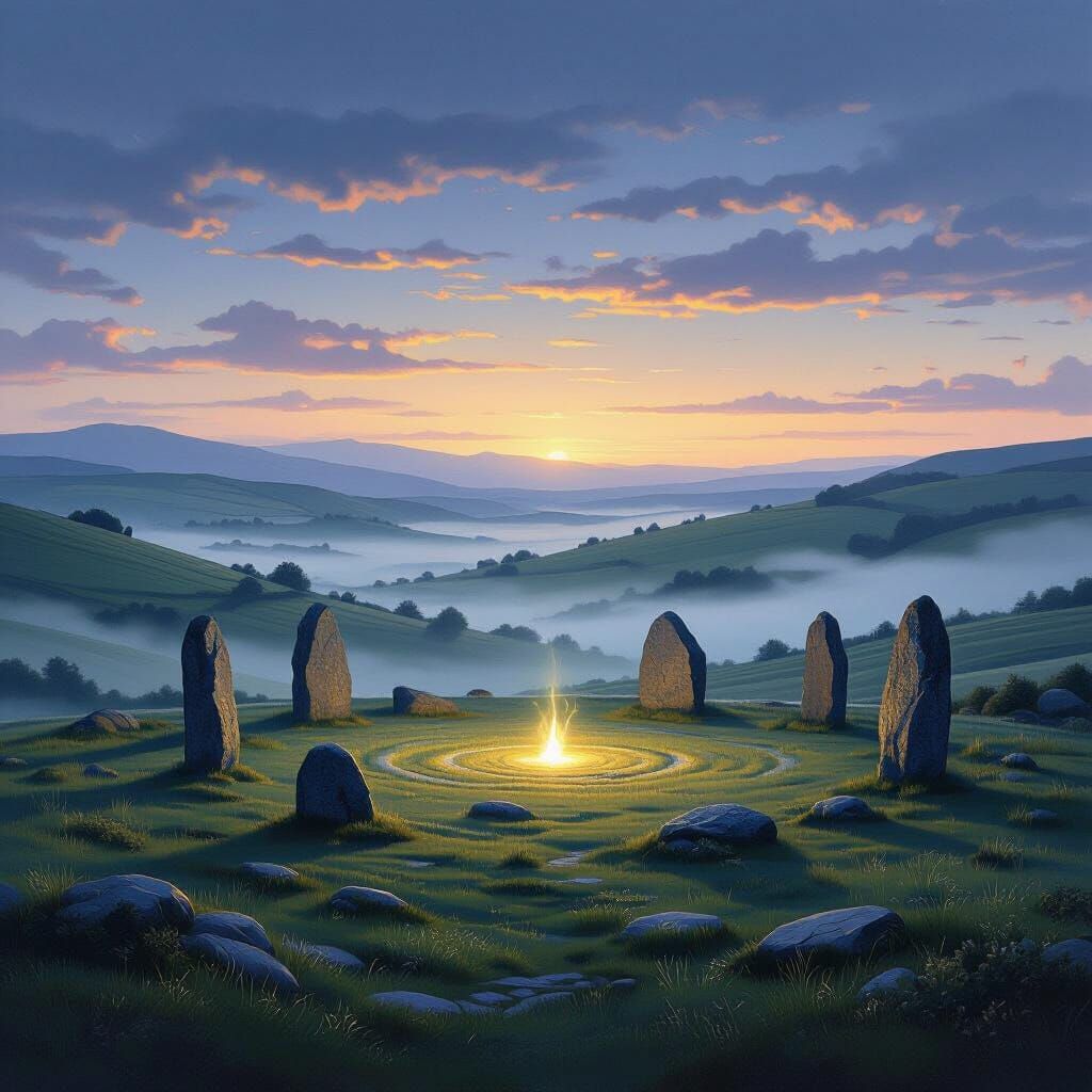 Mystical Twilight Hills with Ancient Standing Stones