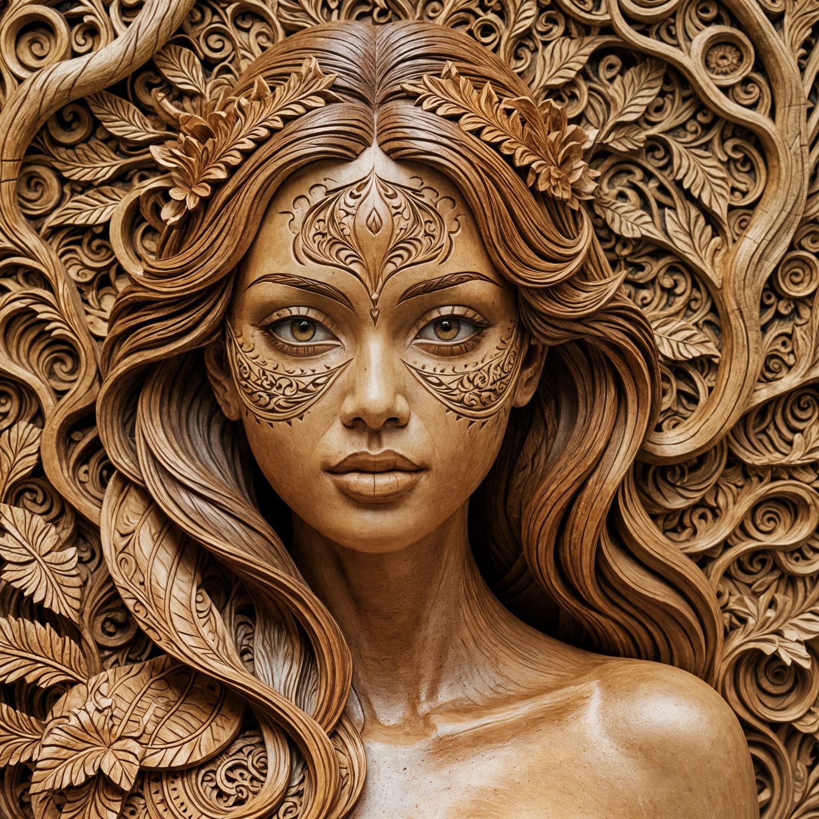 Intricate Wood Carving of a Beautiful Woman