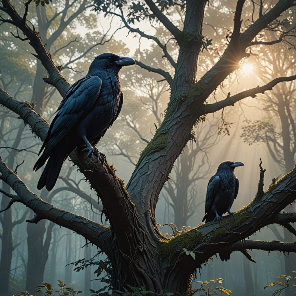 Iron Ravens in Sunlit Forest: Digital Matte Painting