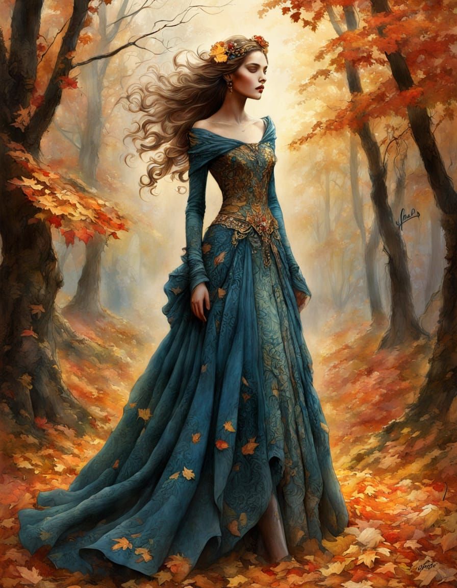 Ethereal Autumn Fantasy Fashion Sketch with Fallen Leaves