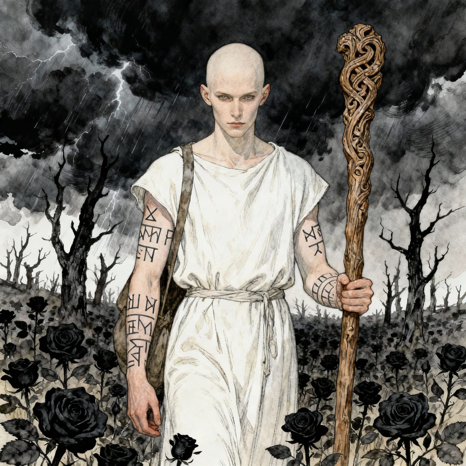 Norse Druid in Barren Grove with Black Roses