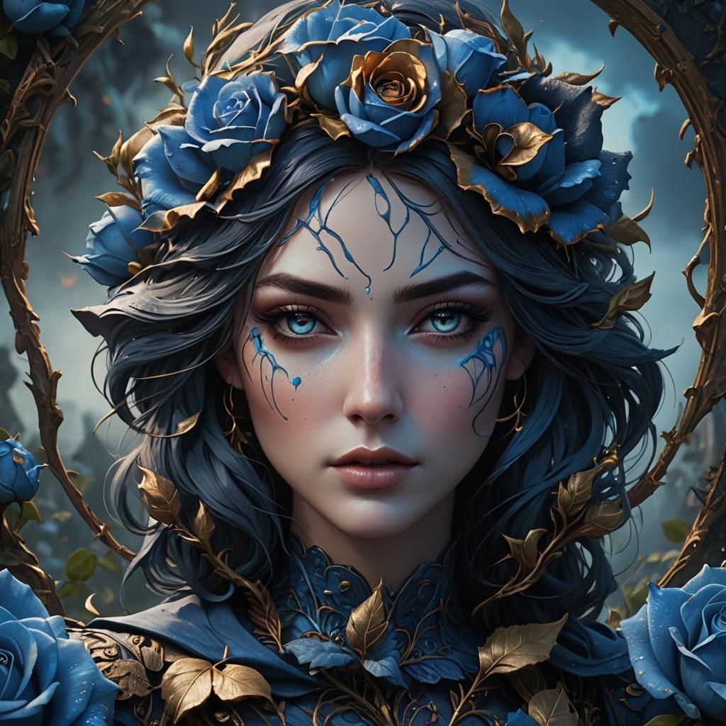 Girl's Face on Blue Rose: Detailed Matte Painting