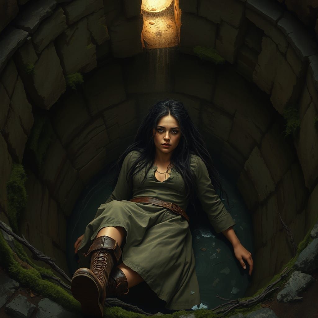 Woman Trapped in Well, Photorealistic Surreal Scene