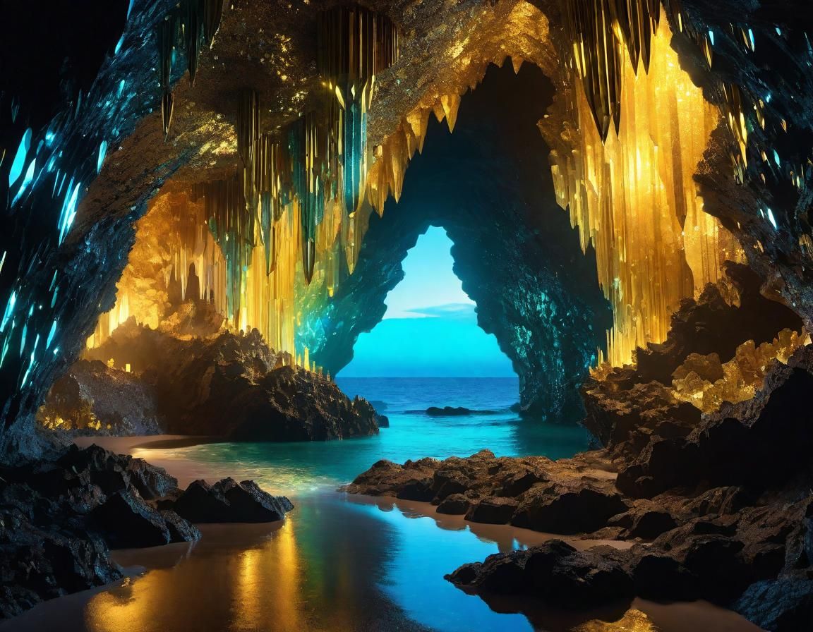 Luminous Crystal Cavern with Ocean View