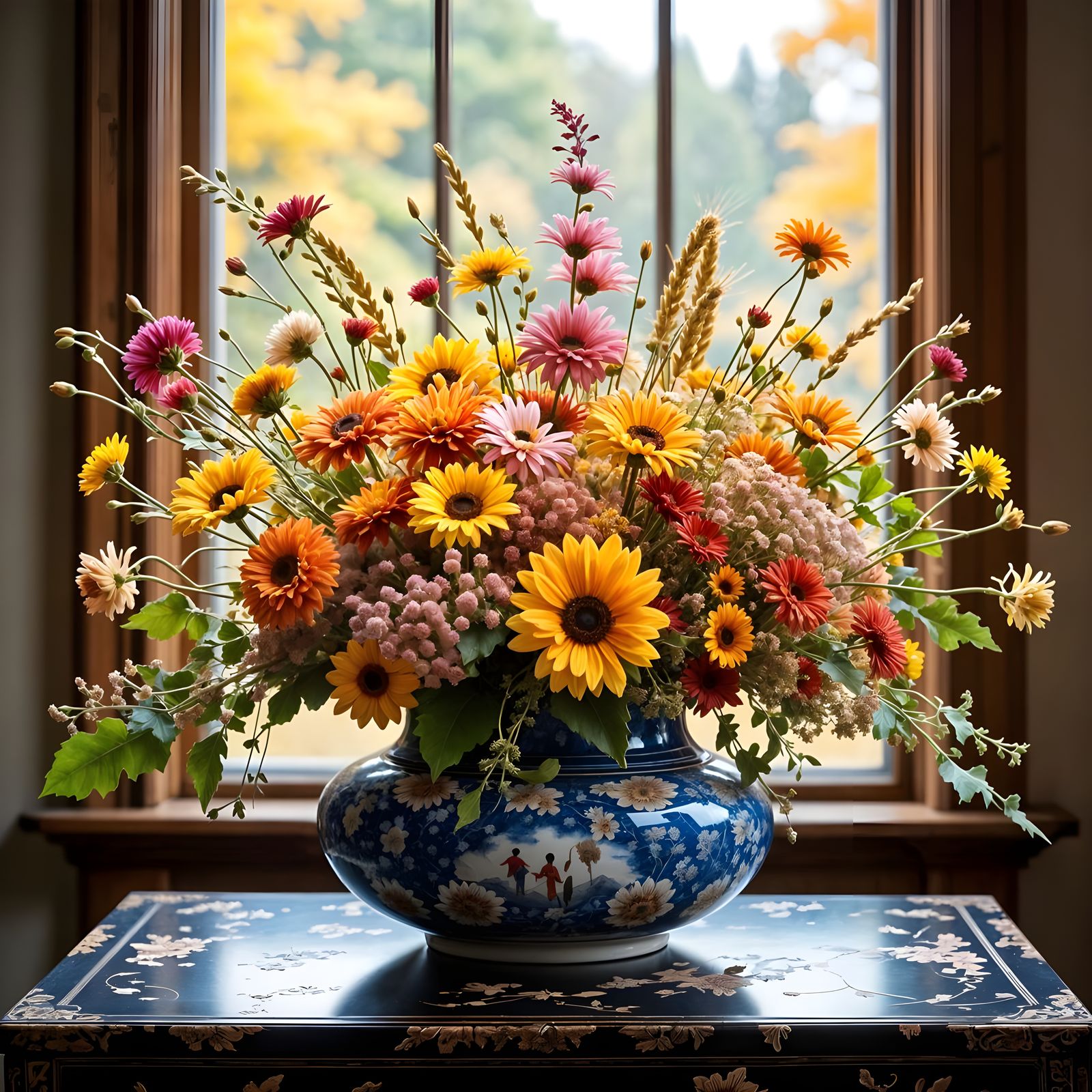 Vibrant Fall Flower Arrangement in Blue Ceramic Bowl