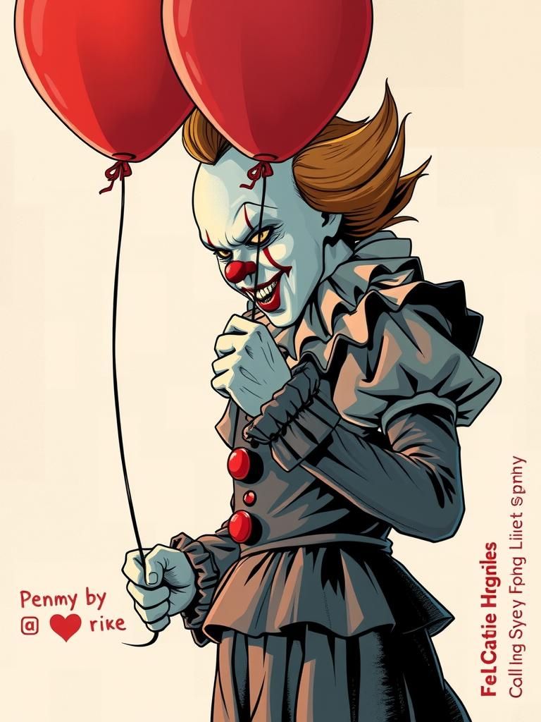 Pennywise with Heart Balloon in Surreal Horror Style
