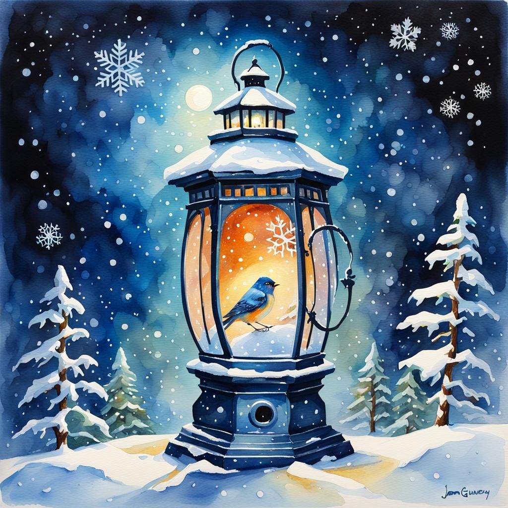 Fantasy Lantern Snow Globe with Winter Bird in Watercolor