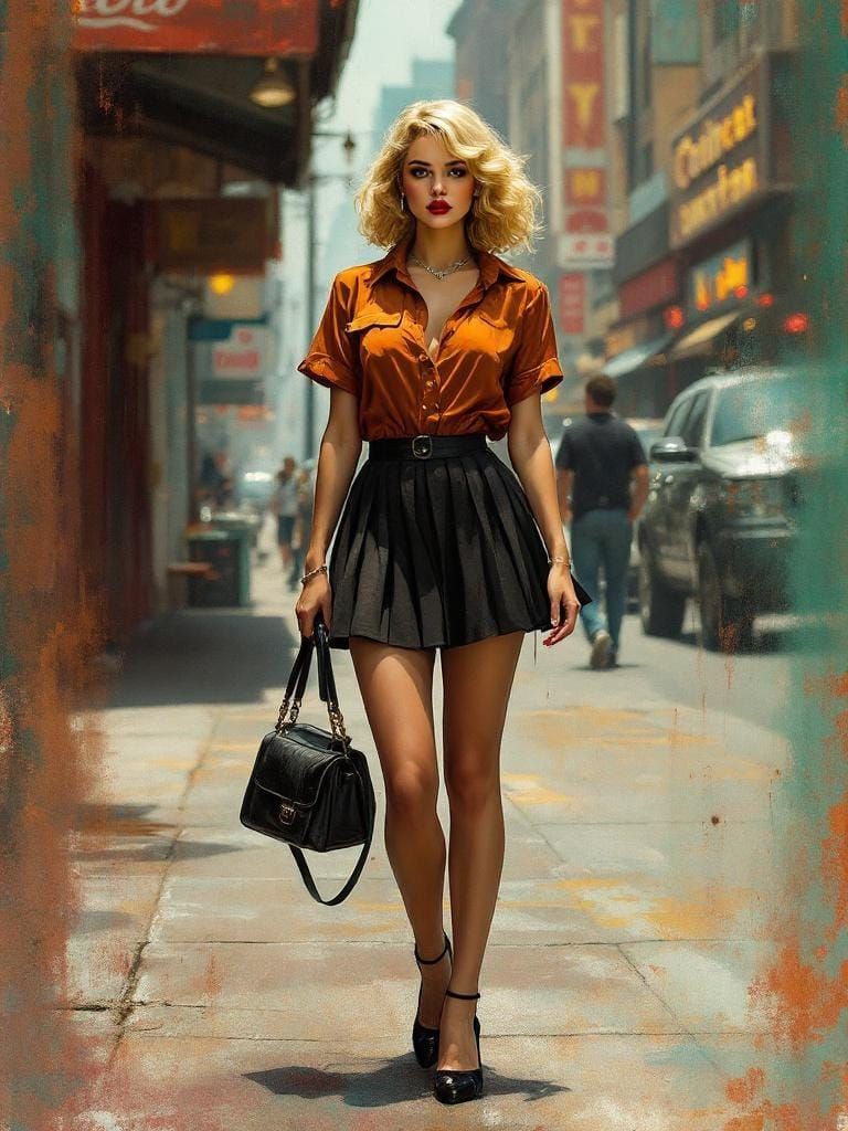 Confident Pin-Up Girl in Cityscape, Digital Painting