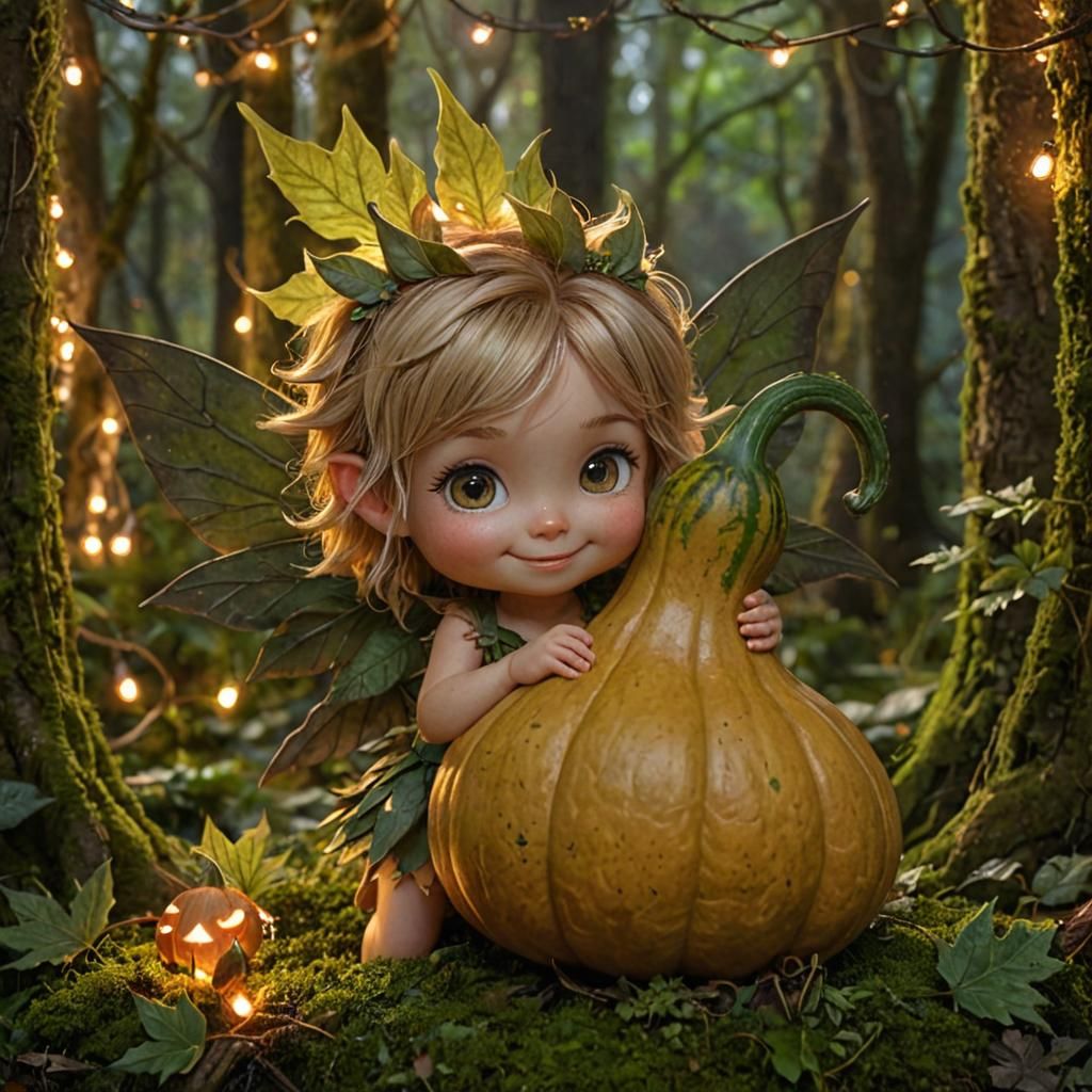 Fairy Hugging Gourd in Mossy Forest: Hyperrealistic