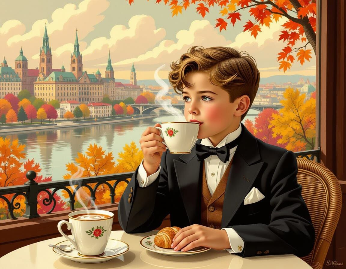 Boy at Cafe in Autumn, Vintage Illustration Style