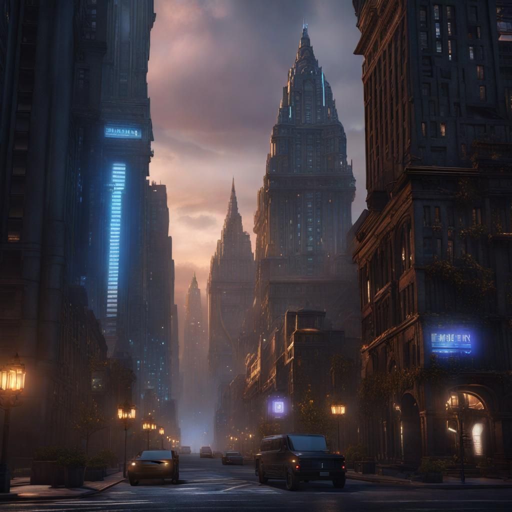 City Street with Beaux-Arts Lamps in Matte Painting Style