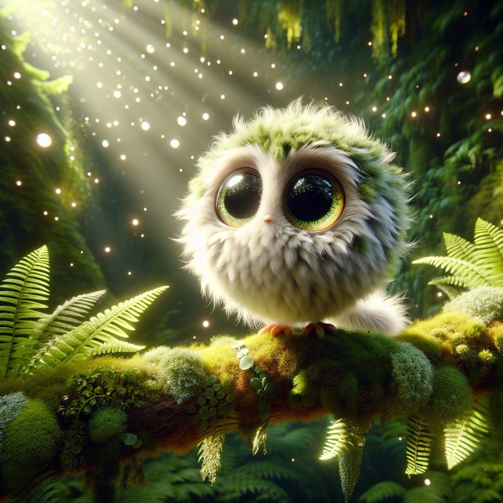 Fluffy Bird Creature with Big Curious Eyes on Mossy Branch