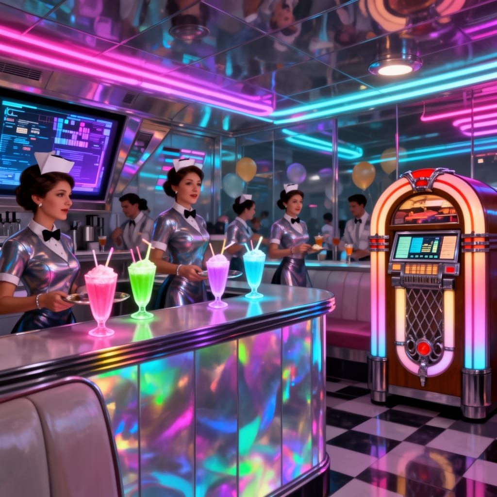 Retro-Futuristic 90s Diner Holiday Party Scene