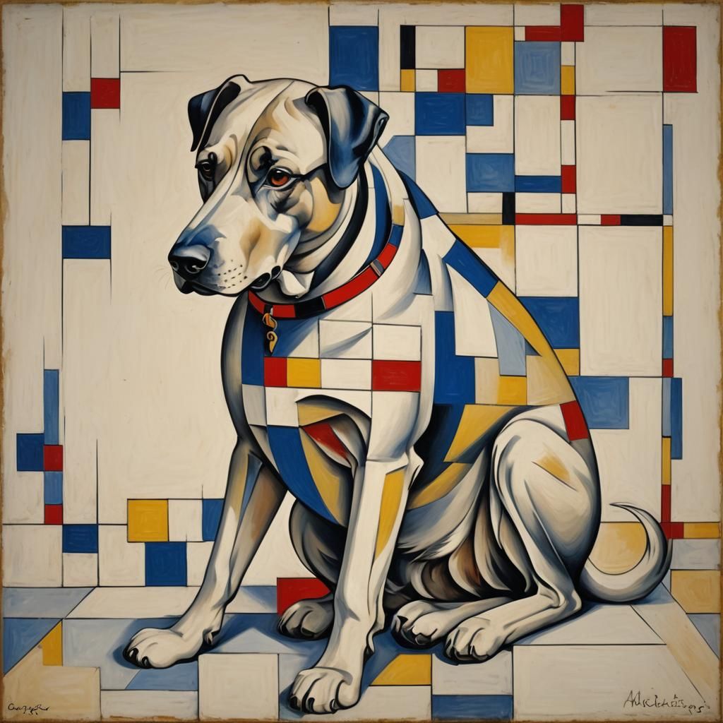 Abstract Cubist Dog Portrait in Mondrian Style