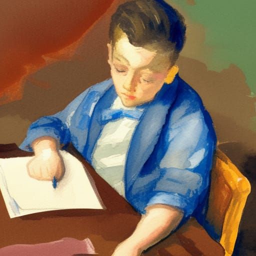 Boy Taking Quiz: Gouache Watercolor Impressionist Painting
