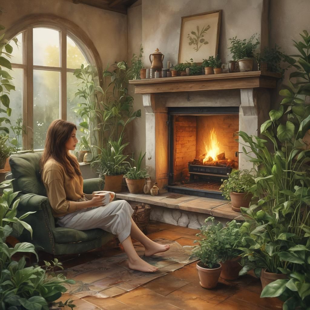 Cozy Fireplace Scene in Mystical Realism Style