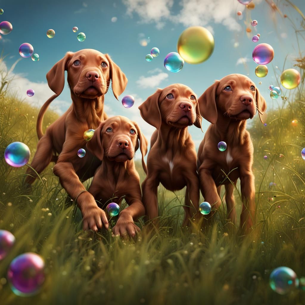 Vizsla Puppies Playing with Bubbles: Matte Painting