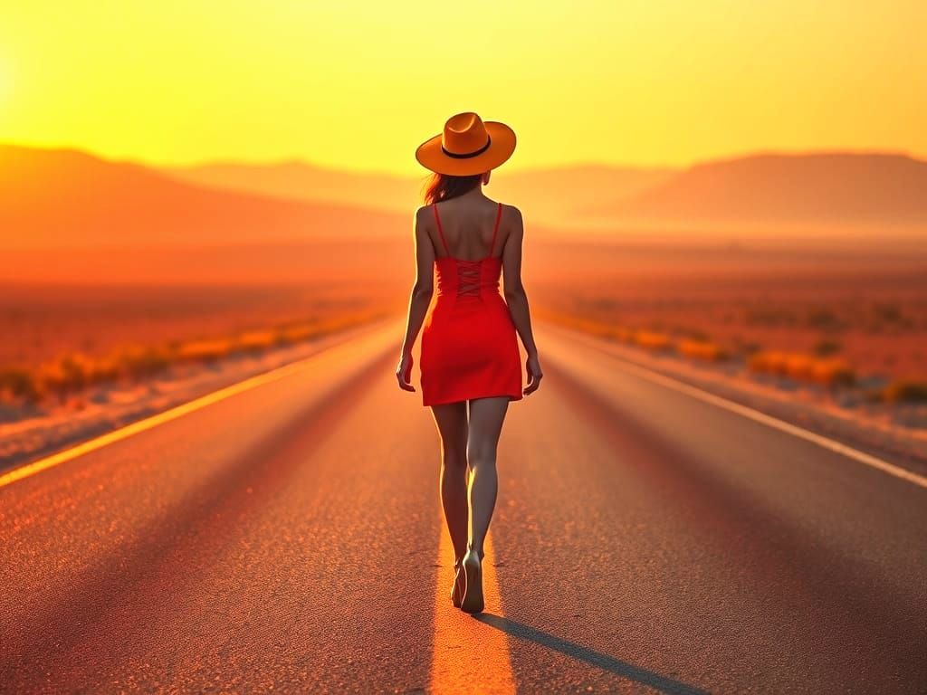 Woman Walks Road to Infinity in Orange Dress