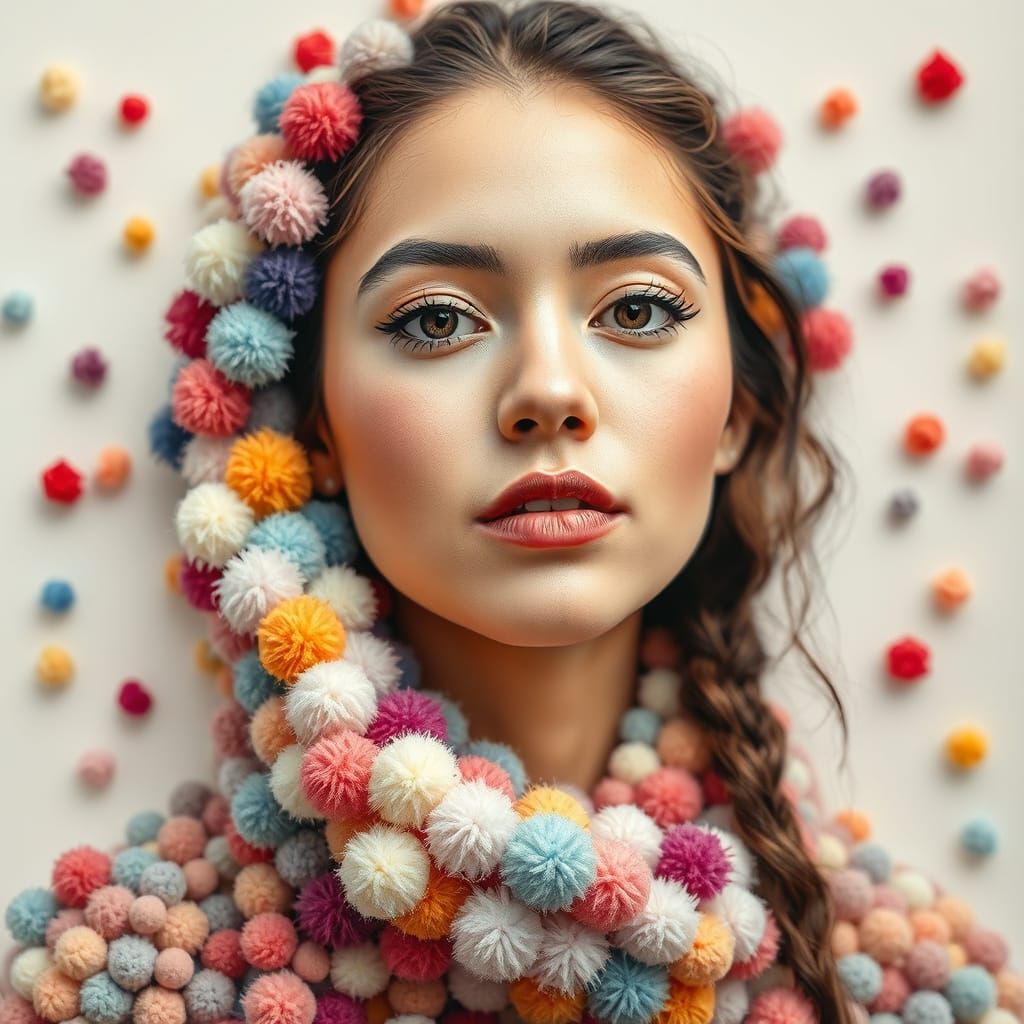 Vibrant Pom-Pom Portrait of a Young Woman