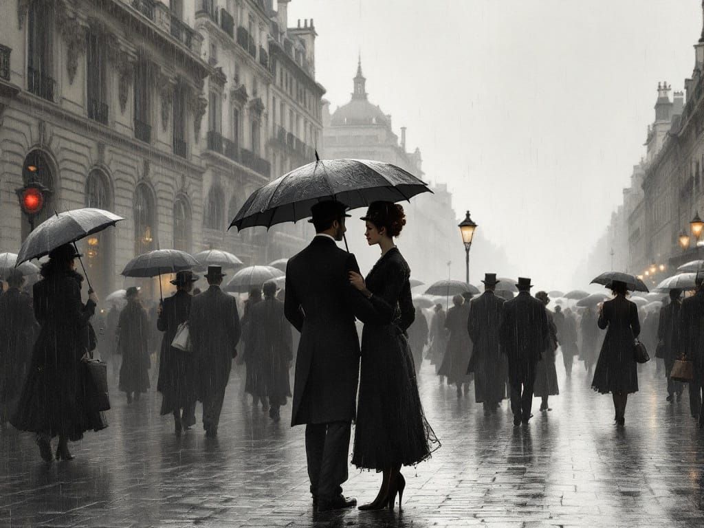 Elegant Pedestrians Under Parisian Rain