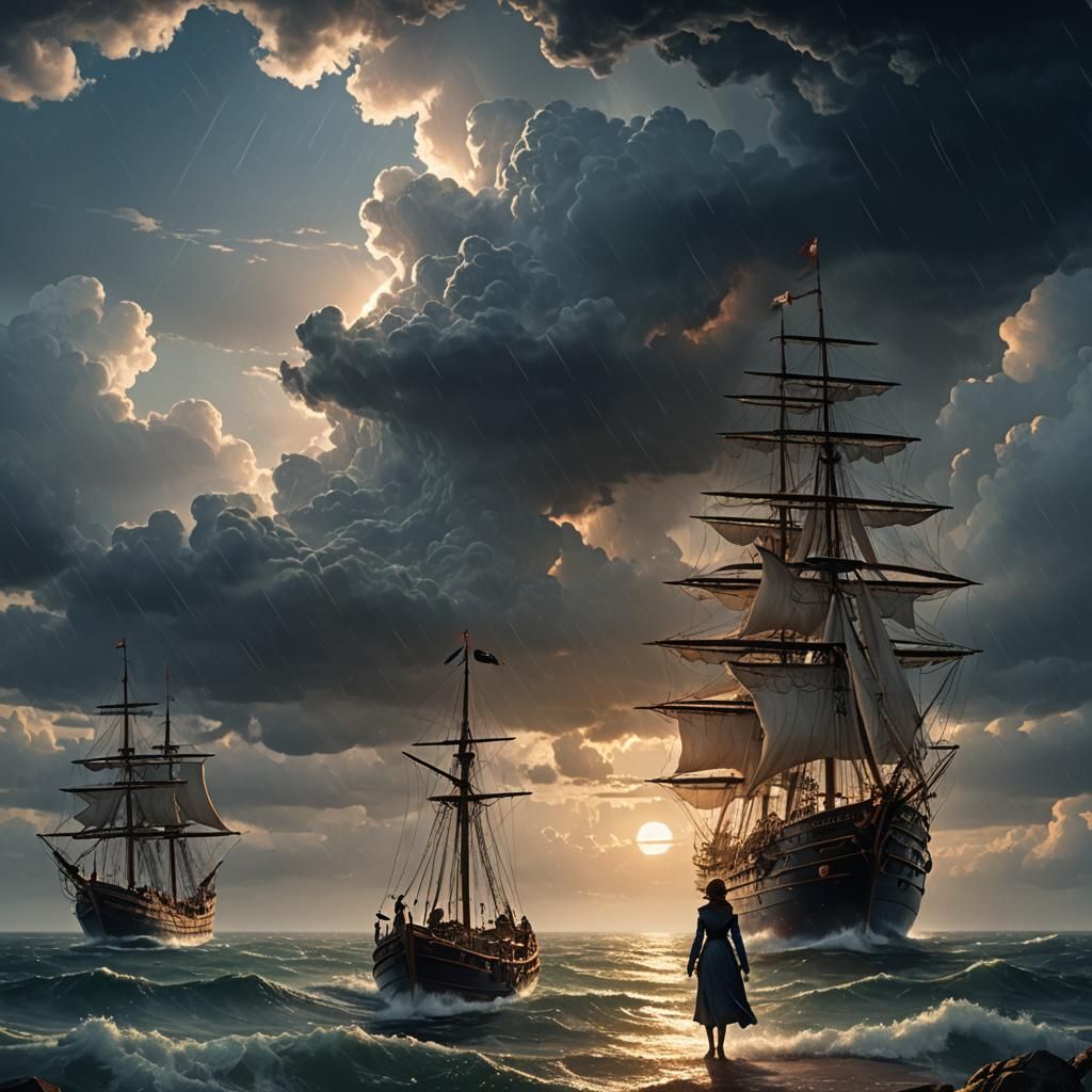 Woman Gazing at Ship in Dark, Rainy Landscape