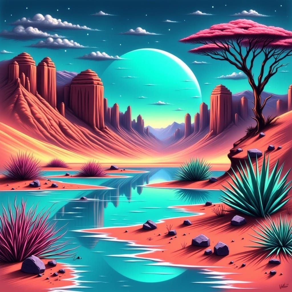 Surreal Alien Landscape with Vibrant Flora