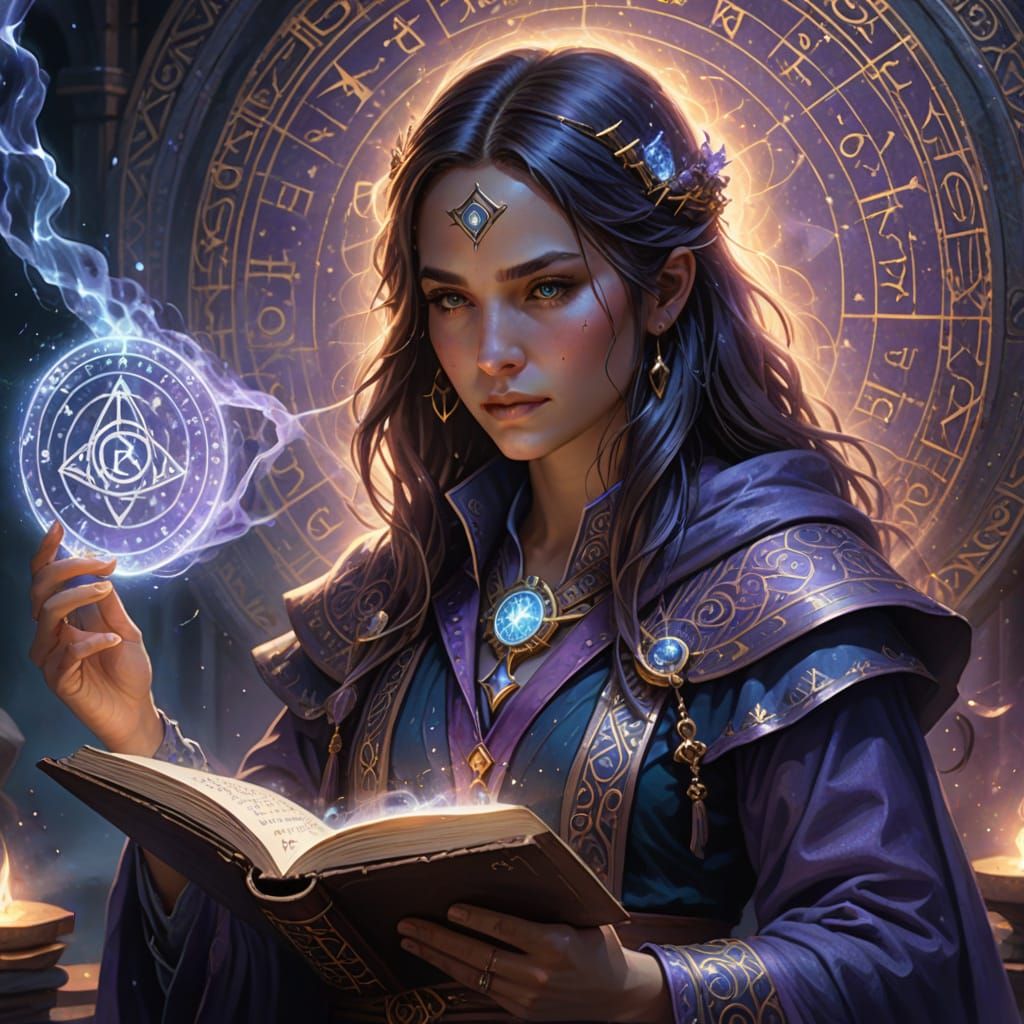 Mystical Female Mage in Whimsical Fantasy Scene