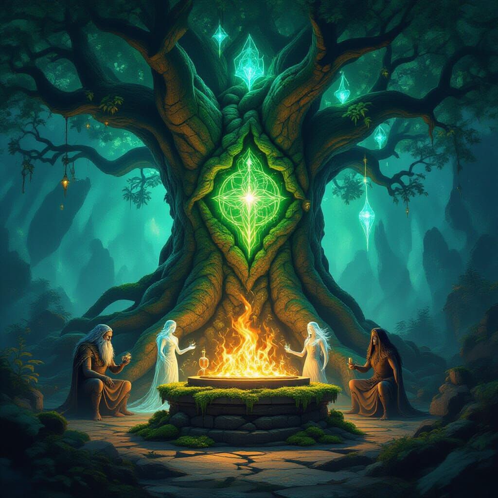 Alchemical Sanctum in Bioluminescent World Tree, Organic Fut...