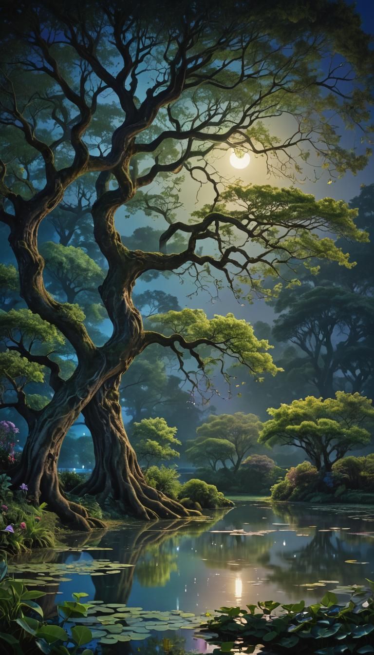 Ethereal Garden at Night in Thomas Kinkade Style