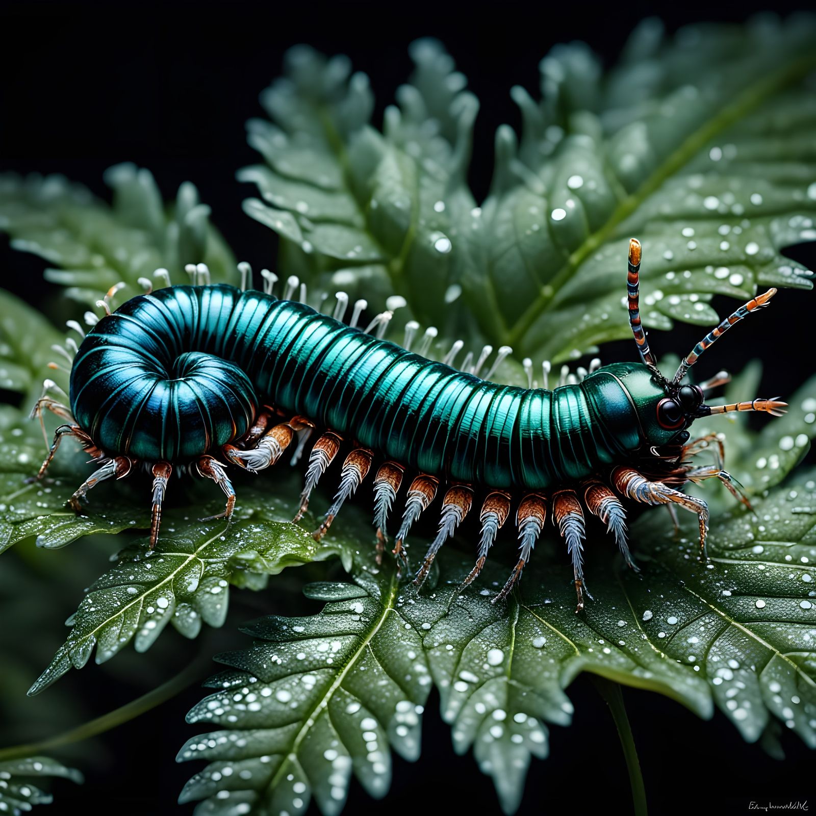 Vibrant Millipede on Dark Leaf