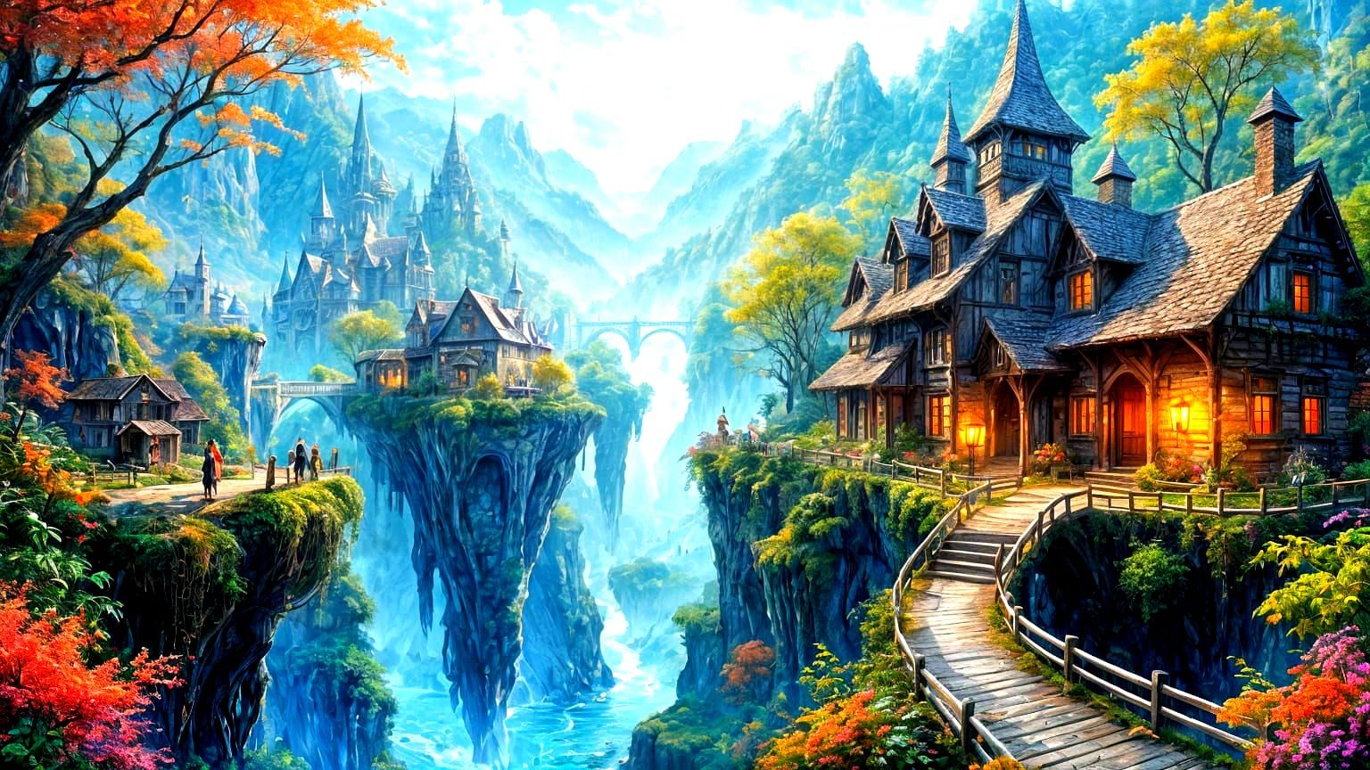 Floating Islands Bridge in Watercolor Fantasy Art