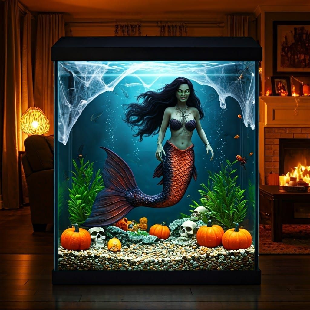 Halloween Mermaid in Fish Tank: Spooky Suburban Scene