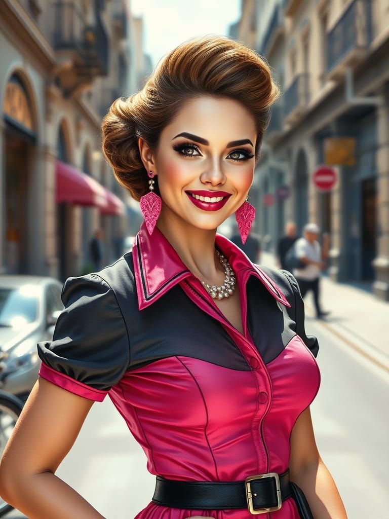 Enchanting, highly detailed oil pintaing, airbrushed, A modern happy-looking woman standing in a beautiful brigh pink an...
