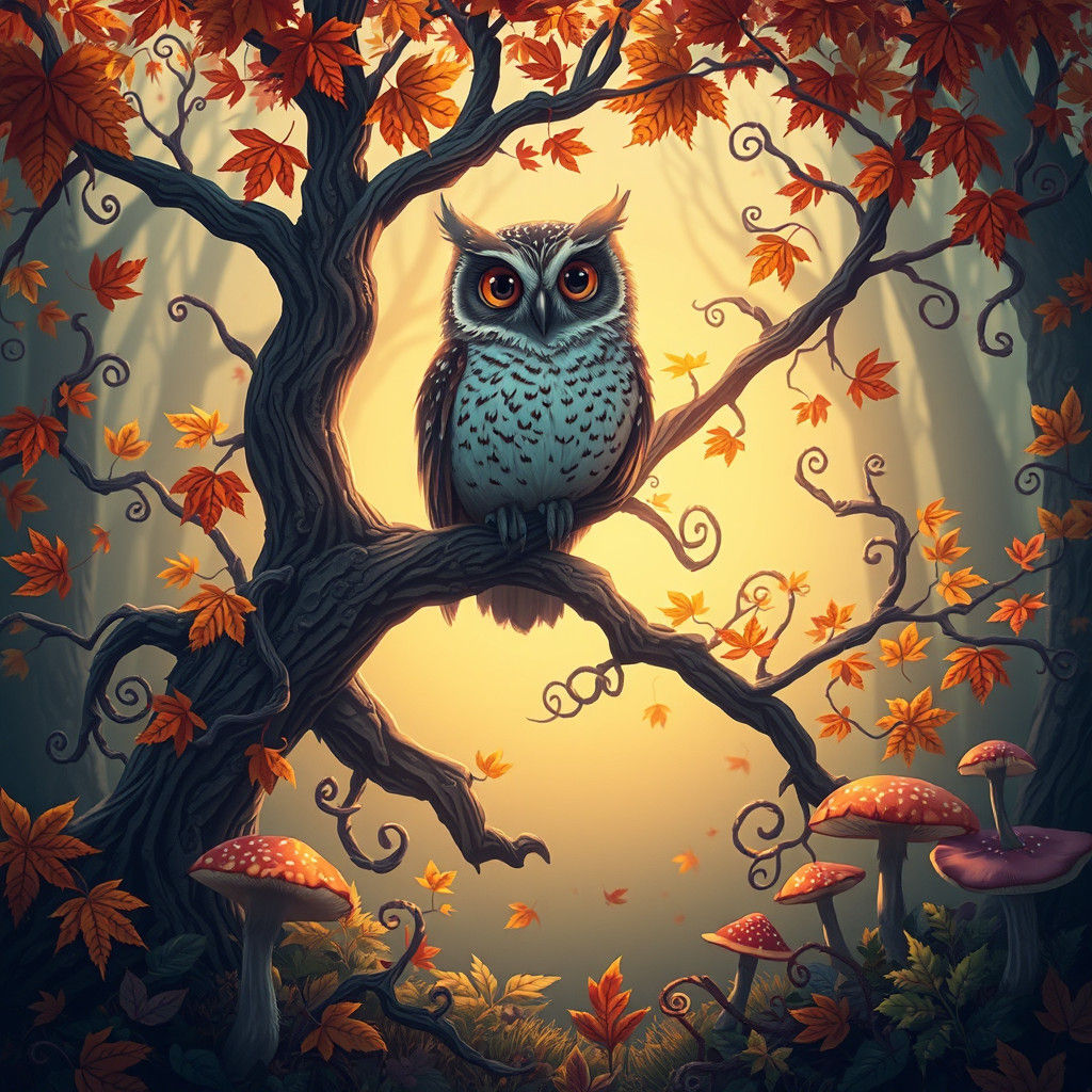 Owl in Whimsical Autumn Forest, Fantasy Concept Art