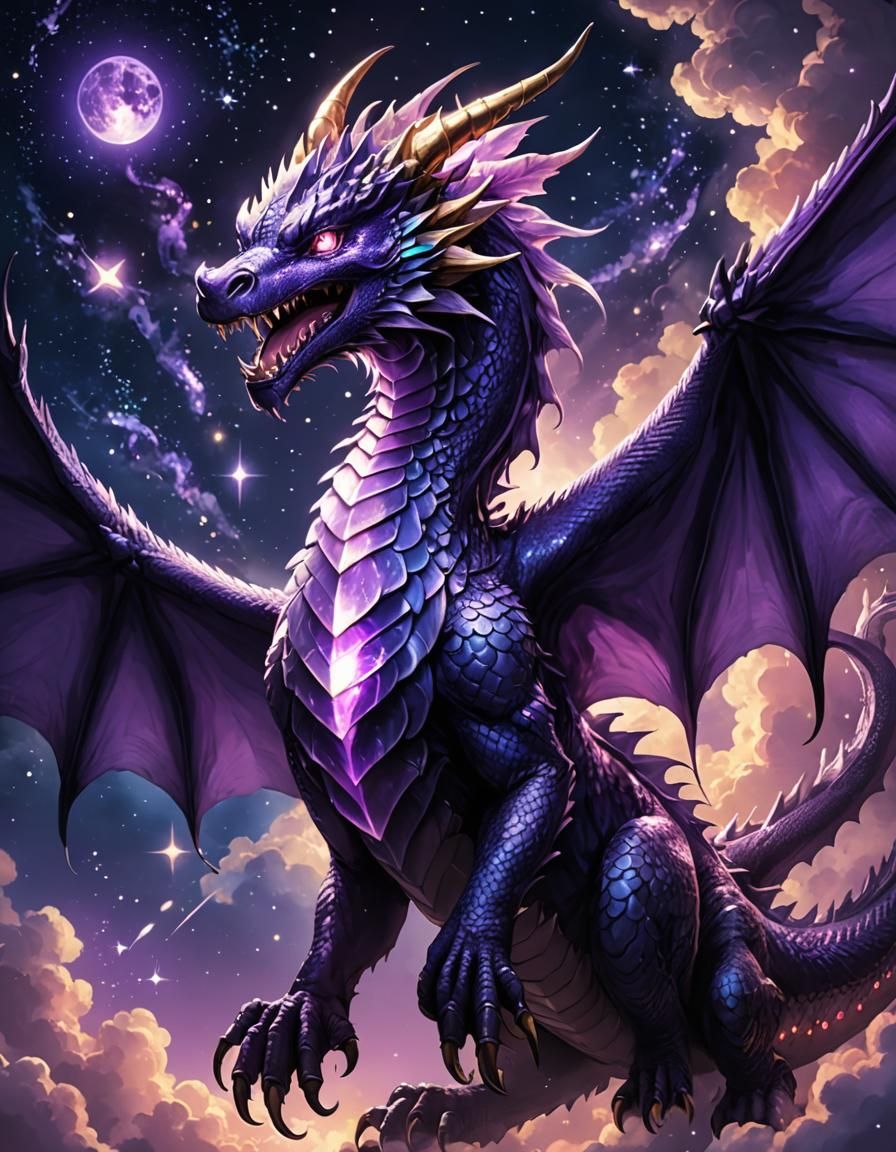 Luminescent Purple Dragon Roaring in Starry Sky