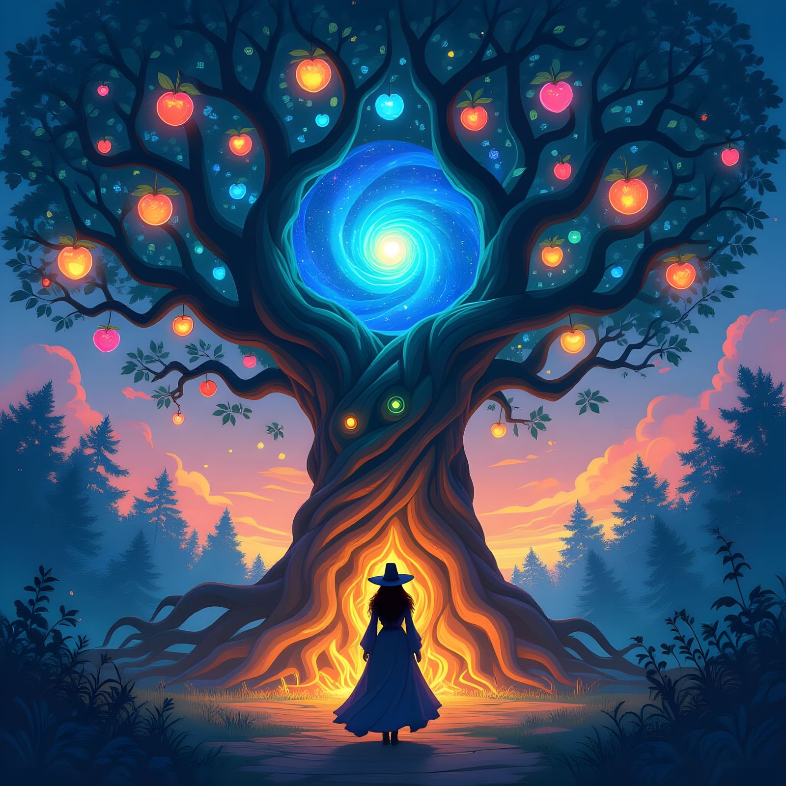 Witch Before Galactic Tree of Life in Psychedelic Twilight